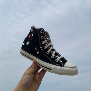 匡威涂鸦黑色小雏菊做旧花卉刺绣太阳花高低帮男鞋女鞋帆布鞋