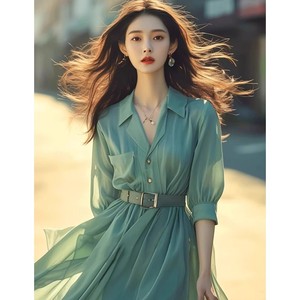森系轻奢OL通勤西装连衣裙女夏季2024高级感真丝雪纺绿色衬衫长裙