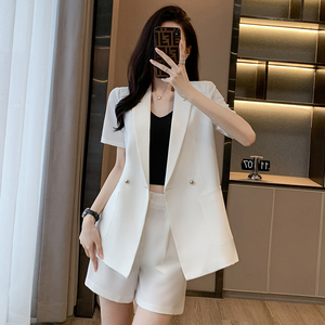 韩国白色西装短裤套装女夏季薄款高级感小个子职业短袖西服两件套