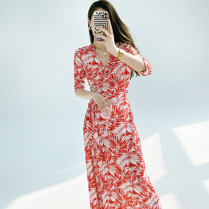 i dvf i 真丝裹身裙桔色棕榈树印花性感修身显瘦度假一片式连衣裙