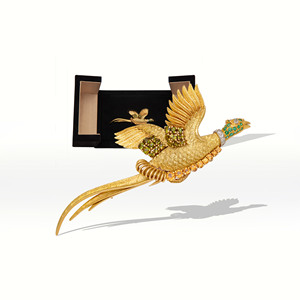 herme5爱马*20世纪高定珠宝18k黄金古法雕金镶嵌彩宝钻石锦鸡胸针