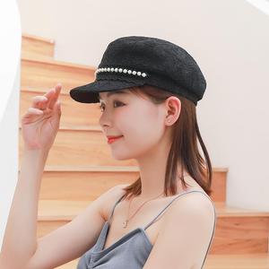 夏季蕾丝八角帽女士韩版时尚平顶海军帽出游遮阳珍珠贝雷帽