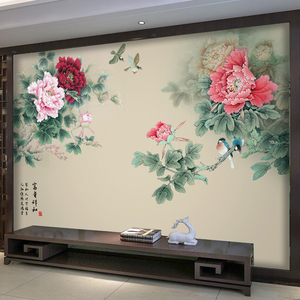 定制电视背景墙壁纸国画牡丹花壁画3d新中式客厅沙发影视墙纸花