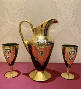 意大利穆拉诺murano绿色琉璃水壶水杯/酒壶酒杯一套