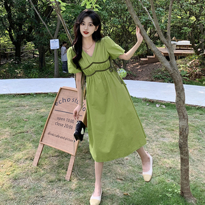 803人付款淘宝专柜爱依服大码绿色v领碎花连衣裙女夏胖mm泡泡袖桔梗裙