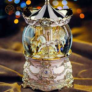 枫岚情 七夕情人节礼物音乐盒八音盒粉色旋转木马欧式雕花水晶球