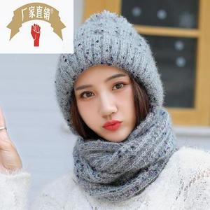 2018韩版保暖加厚毛线帽子围巾套装冬季女士可爱针织混色雪花帽子
