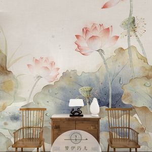 中式荷花墙纸客厅电视背景墙壁纸现代简约莲花墙布壁画水墨中国风