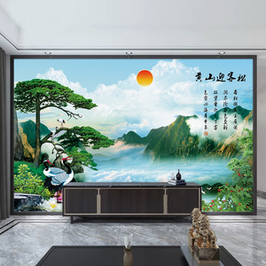 迎客松电视背景墙壁画中式影视墙布自然山水风景黄山壁纸客厅墙纸