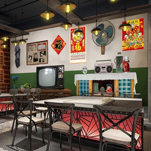 3d复古怀旧饭店餐厅墙纸8090年代烧烤壁画马路边边小卖部火锅壁纸