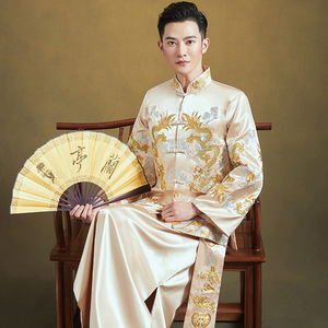 大码香槟色男士秀禾服新郎220斤新款中式礼服结婚敬酒服唐装马褂