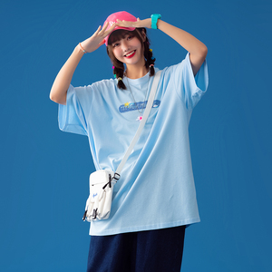 ng自制 淡蓝色夏天短袖t恤女2021夏季韩版宽松字母印花半袖t学生