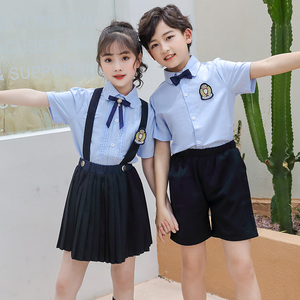 儿童短袖蓝衬衫女童背带裙英伦风小学生校服套装六一儿童演出服夏