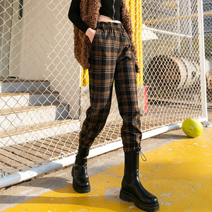 毛呢格子裤女英伦风秋冬裤子小个子女裤宽松哈伦裤高腰束脚工装裤