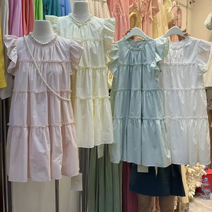 法式甜美荷叶边飞飞袖连衣裙女2024夏季新款小个子宽松减龄衬衫裙