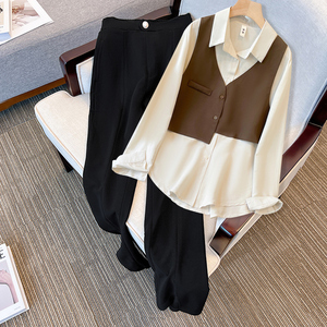 yoyo club大码女装不规则马甲白衬衫高腰休闲裤俏皮活泼两件套秋