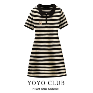 yoyo club大码女装胖mm条纹polo针织连衣裙夏季梨形身材显瘦a字裙