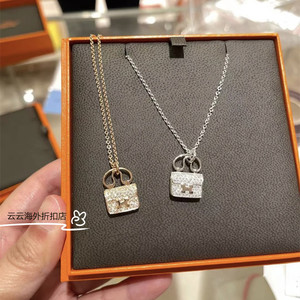 美国hermes爱马仕经典kelly康康锁头项链女玫瑰金满钻h字母锁骨链