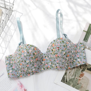 网红碎花少女半杯无痕内衣u女一片薄小胸罩聚拢学生有文圈钢胸包
