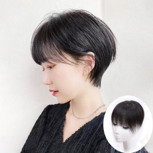 短发全手织遮白发假发片蓬松增发透气盖前额鬓角递针款头顶补发块