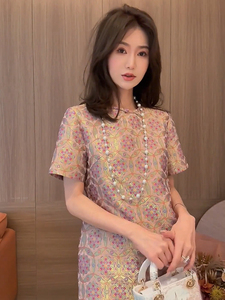 新中式国风盘扣提花圆领短袖连衣裙女夏天设计感高级气质复古裙子