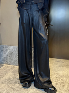 美式复古黑色阔腿裤子女夏天设计小众休闲裤高腰显瘦直筒拖地长裤