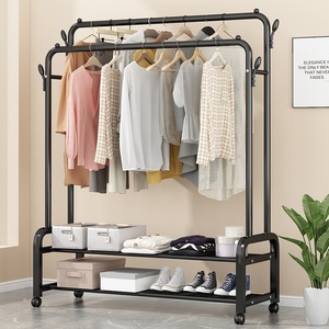 双层衣架落地 双杆式衣服收纳架挂式卧室卧室挂衣架创意移动带轮