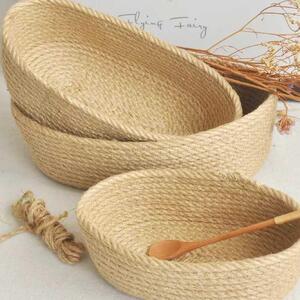 日式风格 黄麻绳编织桌面钥匙收纳蓝 零食筐 杂物收纳盒 置物盒