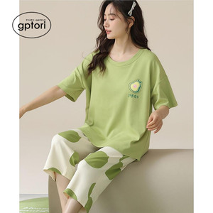 日本GP睡衣女士夏季纯棉短袖七分裤带胸垫牛油果绿可外穿薄家居服