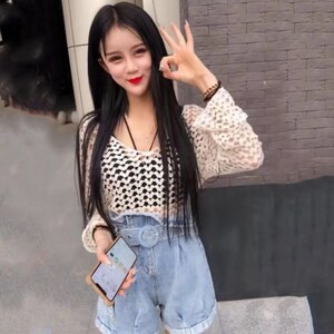 社会女套装快手网红傲娇美婊妹儿同款缕空防晒衫 高腰牛仔短裤夏