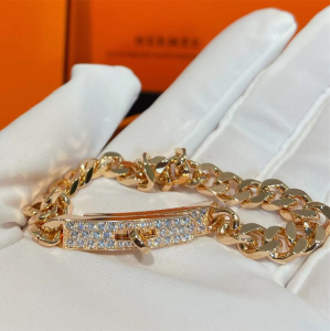 爱马仕纯18k金kelly chaine带钻手链项链吊坠锁骨链手环古巴链