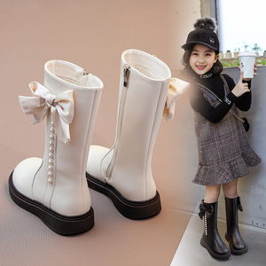 酷森马依女童鞋儿童靴子2022秋冬季新款高筒长靴白色长筒靴加绒二