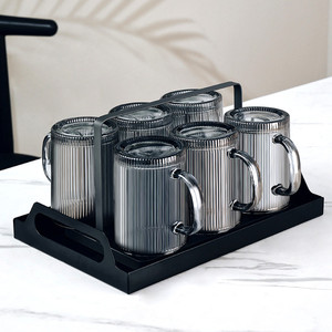 烟灰色竖纹玻璃杯家用带手柄客厅耐热茶杯北欧简约喝水杯子套装