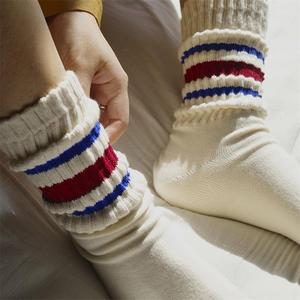 日系纯棉袜美式复古撞色条纹长筒袜四季中筒中性风堆堆袜男女情侣