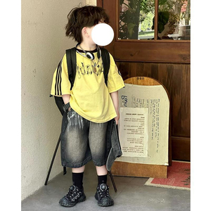 韩国童装男童短袖t恤潮牌套装2024儿童酷帅炸街黄色中小童上衣潮