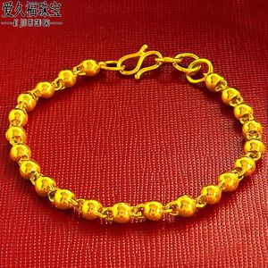 糊涂老庙祝沙金手链女简约光面圆珠黄金手链子磨砂转运珠纯金色花