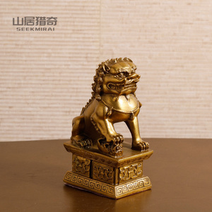 复古新中式摆件组合花瓶粗陶花器茶壶托盘纯铜狮子一对样板间软装