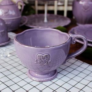 6B76出口陶瓷欧式复古做旧浮雕杯子大汤杯麦片杯水杯紫色餐具套装