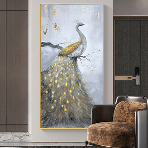 入户玄关装饰画手绘油画客厅挂画金孔雀落地竖版大幅欧式高档轻奢