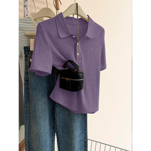 紫色正肩短袖T恤女夏季冰丝针织polo领衬衫高腰短款洋气卡腰上衣