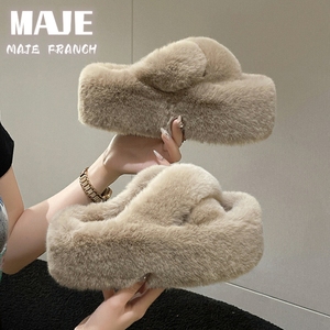 日本Maje Franch毛毛拖鞋女韩版厚底增高7cm小个子秋冬季棉拖鞋子