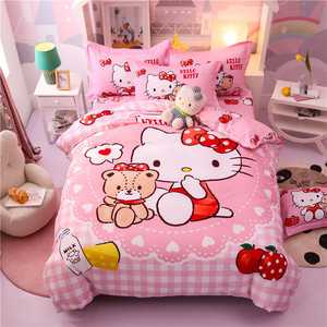 粉色凯蒂猫全棉三四件套纯棉床上用品女孩被罩床单40支斜纹单双人
