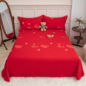 绫韵2024新款婚庆纯棉床单单件大红色印花被单结婚三件套床上用品