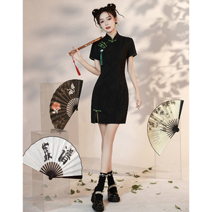 黑色旗袍短款小个子150cm显高修身改良年轻款少女夏季国潮新中式