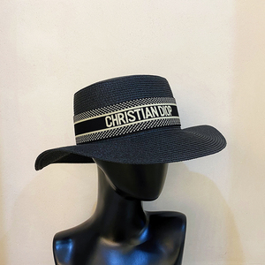 观琦迪奥网红平顶拉菲草帽织带字母d 家沙滩礼帽短檐复古遮阳帽子