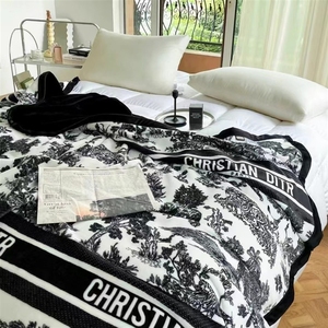 芭提岛轻奢复古水墨画潮牌毛毯床单珊瑚绒午睡沙发盖毯黑白空调被