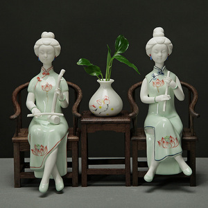 新中式陶瓷仕女软装家居摆件禅意装饰品玄关客厅桌面陶瓷工艺品