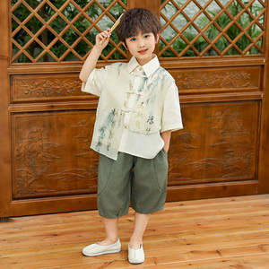 新中式国风男童汉服套装小男孩夏季儿童短袖衬衫裤子宝宝新款唐装