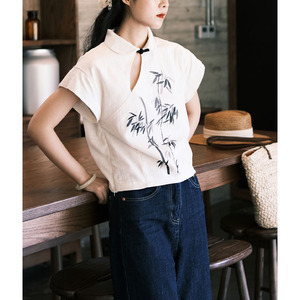 新中式复古polo领镂空短袖棉麻上衣国风竹子水墨印花短款t恤女装
