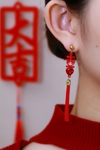复古民族风红色新年喜庆流苏耳环长款古风适合过年结婚新娘的耳饰